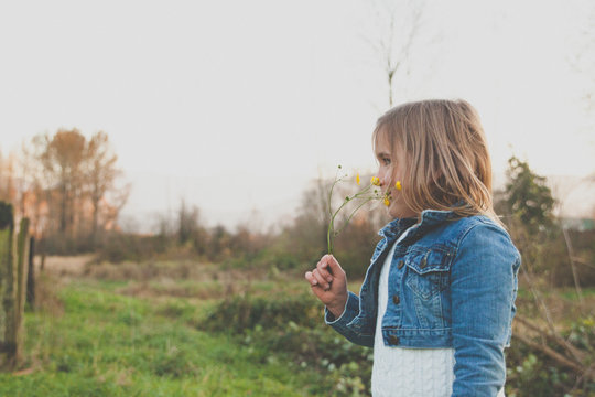 A young girl smells some wildflowers that she picked from a local field.