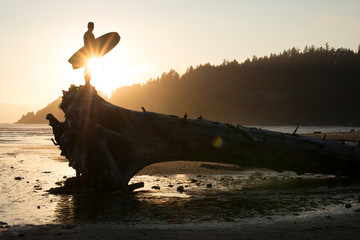 Surfer standing on a dead tree at Shortsands beach during sunset