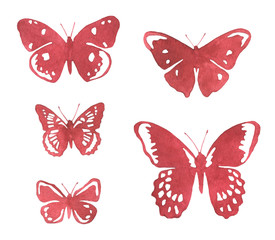 Fototapeta na wymiar Watercolor illustration of red butterflies isolated on a white background. Set of single isolated watercolor red butterflies.