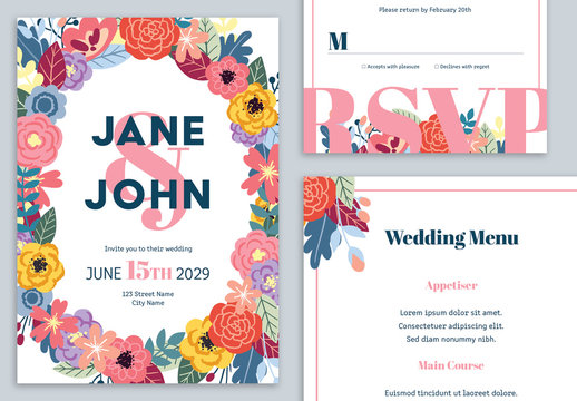 Wedding Suite Layout with Colorful Flower Illustration and Pink Accents