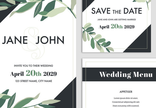 Wedding Suite Layout with Green Leaf Elements and Dark Grey Accents