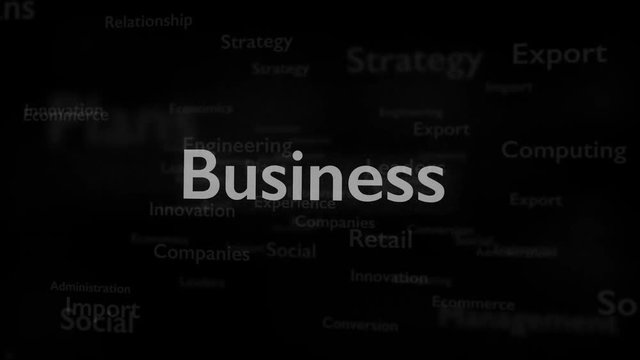 Word Business. Video of a white bold word business on a black background with different smaller words, which deal with business. Close up. Copy space. 3D. Video 4K.
