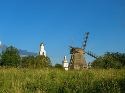 Windmill and Yurievsky Monastery. Veliky Novgorod. Summer View