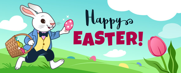 Easter bunny rabbit running in field, carrying basket full of candy eggs, eggs hidden in grass, blue sky with clouds in background, text "Happy Easter", tulip flower. Easter, spring, egg hunt theme.