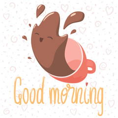 Vector illustration of cup of coffee and lettering "Good morning". Isolated on white background.
