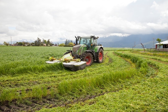 Farmer mowing grass with tractor, Chilliwack, British Columbia, Canada