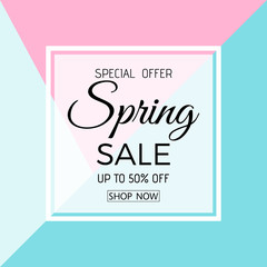 Spring sale banner. Spring Sale phrase on white, blue and pink background.