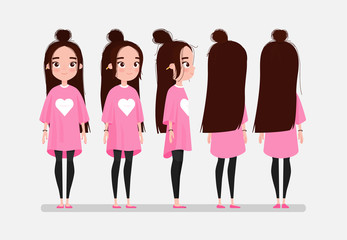 Beautiful young girl character turnaround. Girl with long dark hair in pink t-shirt. Animation character design