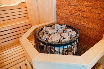 Sauna room with traditional sauna accessories