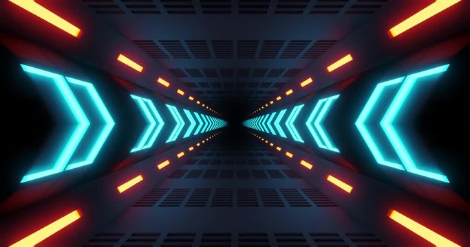 4K seamless loop flying into spaceship tunnel, sci-fi spaceship corridor. Futuristic technology abstract seamless VJ for tech titles and background. Motion graphic for internet, speed. 3D render