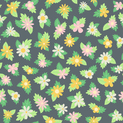 Bright and colorful spring flower bouquets on black background seamless vector pattern