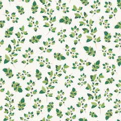 Leaf branches, foliage greenery on white background seamless vector pattern