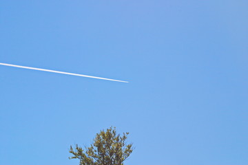 Image of the inversion trace of a combat aircraft in the blue sky above the trees