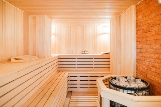 Sauna room with traditional sauna accessories