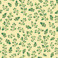 Leaf branches, foliage greenery on yellow background seamless vector pattern