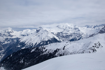 Fototapeta na wymiar Snowy Alpine ski slopes Flaine, Haute Savoie, France
