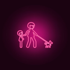 walk father with the child and with the dog icon. Elements of Family in neon style icons. Simple icon for websites, web design, mobile app, info graphics