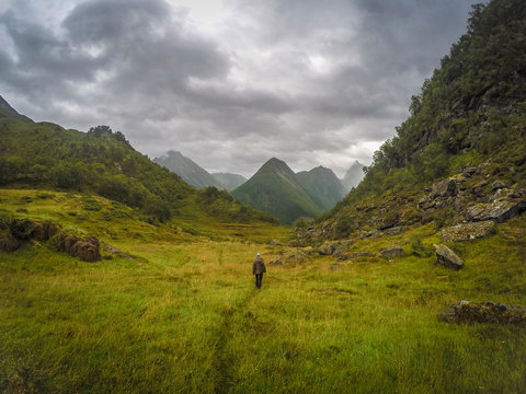 Man hiking in meadow in valley, Urke, More og Romsdal, Norway