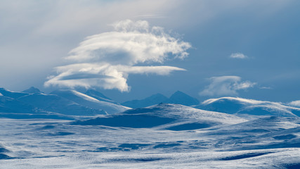 Snow-covered hills in winter, Dovrefjell-Sunndalsfjella National Park, Oppland county, Norway