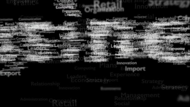 4K video of a word business on a black background with different smaller words in motion. Video word business for presentation of business in 4K. 3D render. Background