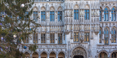 The Brussels Town Hall with Christmas tree in front. This Gothic building from the Middle Ages is...