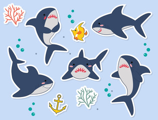 Ideal for stickers, pins or patches. Funny sharks catoon characters with fish, seaplant, bubbles in vector