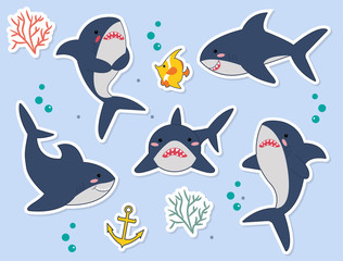 Obraz premium Ideal for stickers, pins or patches. Funny sharks catoon characters with fish, seaplant, bubbles in vector