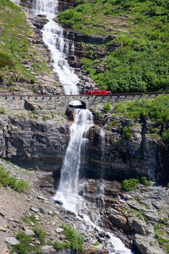 Red Jammer bus in Glacier National Park, Montana.