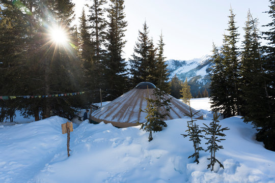 Yurt in winter scenery, Hailey, Idaho, USA