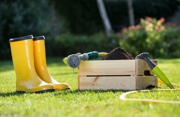 Gardening equipment on grass