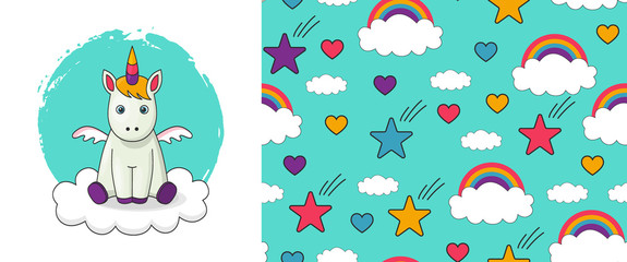 Cute vector baby unicorn illustration and seamless pattern