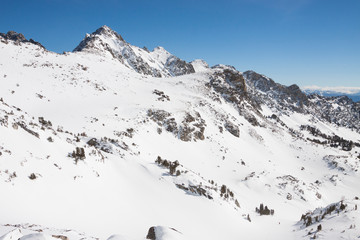 The sun shines bright on a fresh untracked slope in the Beehive Basin near Big Sky, Montana.