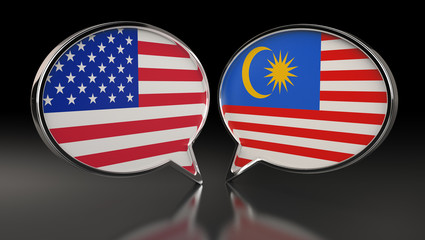 USA and Malaysia flags with Speech Bubbles. 3D Illustration