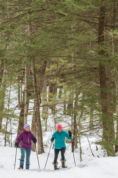 Two women snowshoe on a forest trail in Epping, New Hampshire.