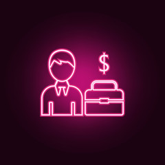 employee with a portfolio and a sign of money icon. Elements of HR & Heat hunting in neon style icons. Simple icon for websites, web design, mobile app, info graphics