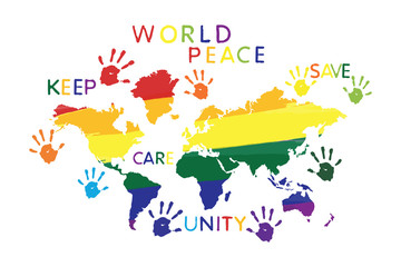 World map rainbow shapes in bright colors. Peace, unity, care concept, prints colorful words on white background