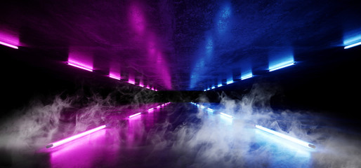 Smoke Steam Cement Futuristic Sci Fi Neon Glowing Laser Fluorescent Retro Blue Purple Vibrant Tunnel Corridor Dark Empty Grunge Concrete Reflections Way Gateway Club Virtual 3D Rendering