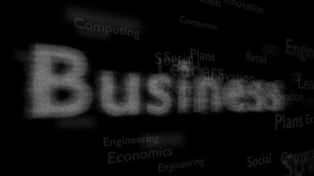 White word business at the centre video. The word Business at the centre is turning from left to right and back on a dark blue background with different words, which deal with business. 3D. Video 4K.
