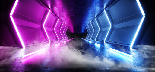 Smoke Fog Futuristic Sci FI Alien Spaceship Neon Laser Led Blue Purple Glowing Tunnel Metal Reflection Grunge Concrete Floor Wet Gate Virtual Reality Fluorescent  Vibrant Hall Corridor 3D Rendering