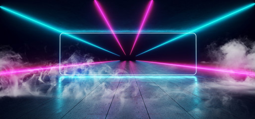 Smoke Cement Sci Fi Futuristic Concrete Neon Laser Led Vibrant Glowing Blue Virtual Reality Alien Ship Space Retro Hall Corridor Tunnel Grunge Reflections Abstract Dark 3D Rendering