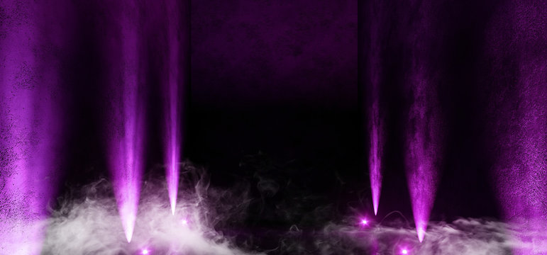 Smoke Steam Fog Huge Long Dark Empty Gallery Room Garage Neon Glowing Purple Spot Lights Rough Grunge Concrete Walls Floor Gate Show Sci Fi Modern Elegant 3D Rendering