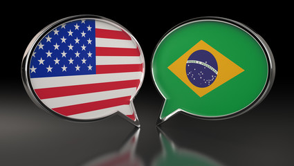 USA and Brazil flags with Speech Bubbles. 3D Illustration
