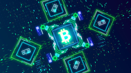 Bitcoin digital symbol close-up. Abstract hi-tech financial theme 3d render