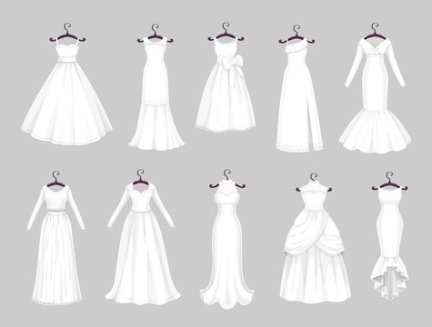 White wedding dresses on hangers, marriage clothes