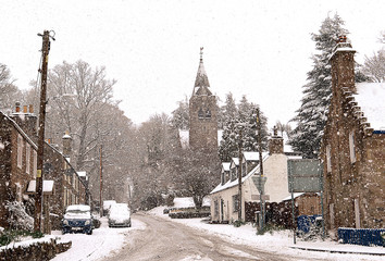 Gilmerton, Crieff, Perthshire: former Free Church n snowfall