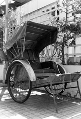 old traditional rickshaw white and black picture in penang malaysia