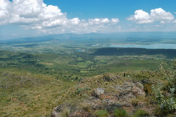 Fototapeta premium Lake Elementaita and Sleeping Warrior Hill seen from Table Mountain, Kenya