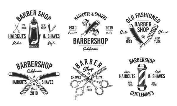 Set of retro barbershop logos. Isolated on white background. Vector emblems templates