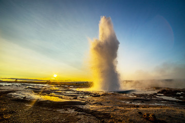 A landscape with Geysir, one of the biggest attraction of Iceland
