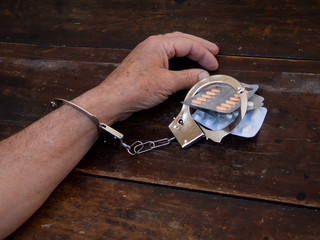 A man handcuffed to a handful of pills tablets. Drug addiction concept